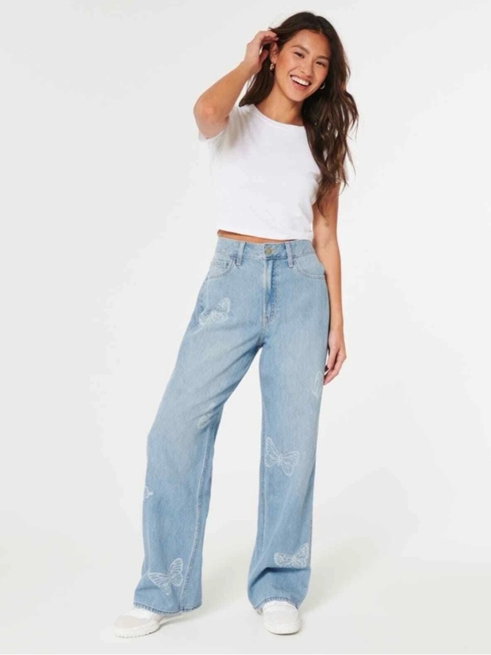 Hollister Light Blue Wide-Leg Jeans with Butterflies